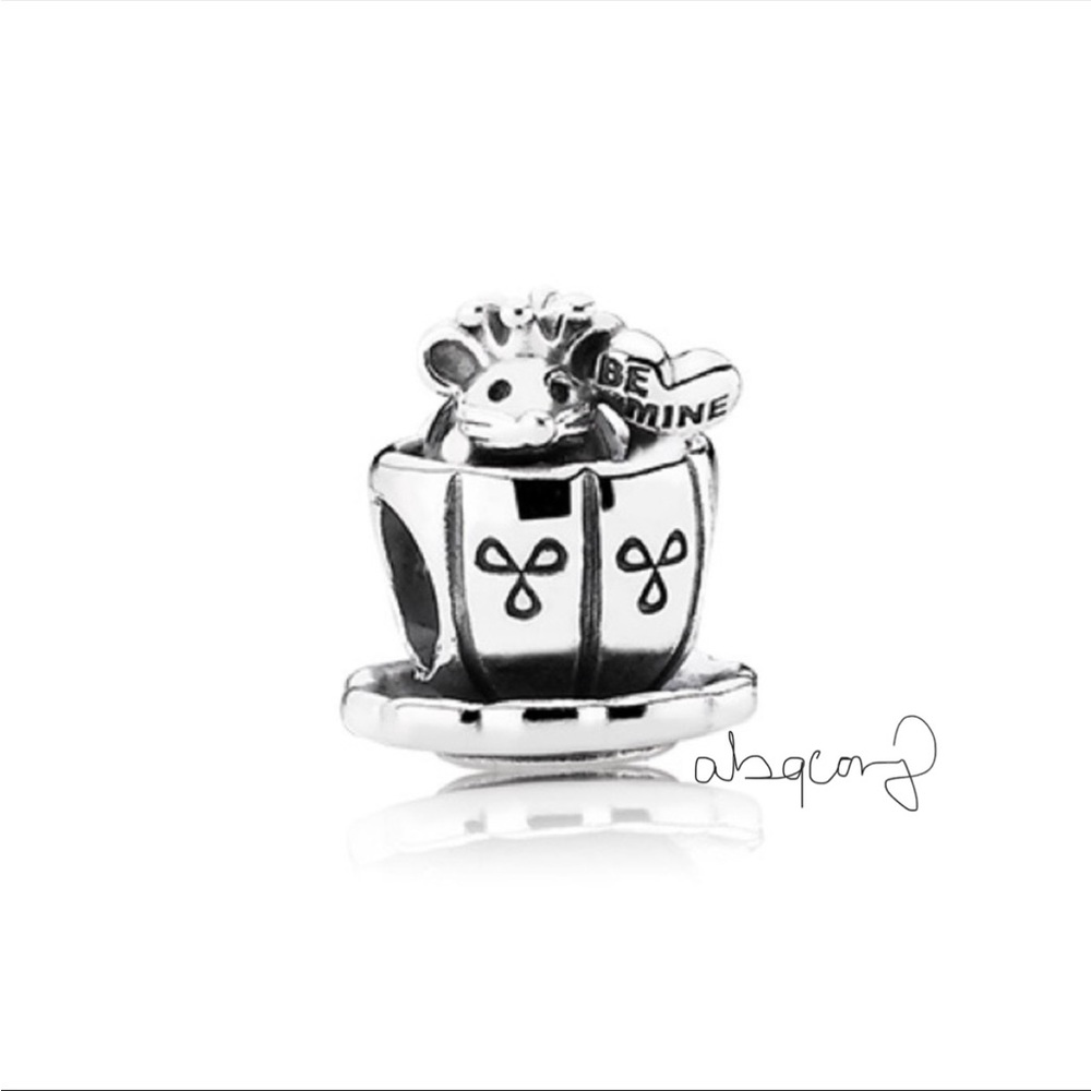EUC Pandora 791107 Sterling Silver Enchanted Mouse in Tea Cup Charm - RARE
